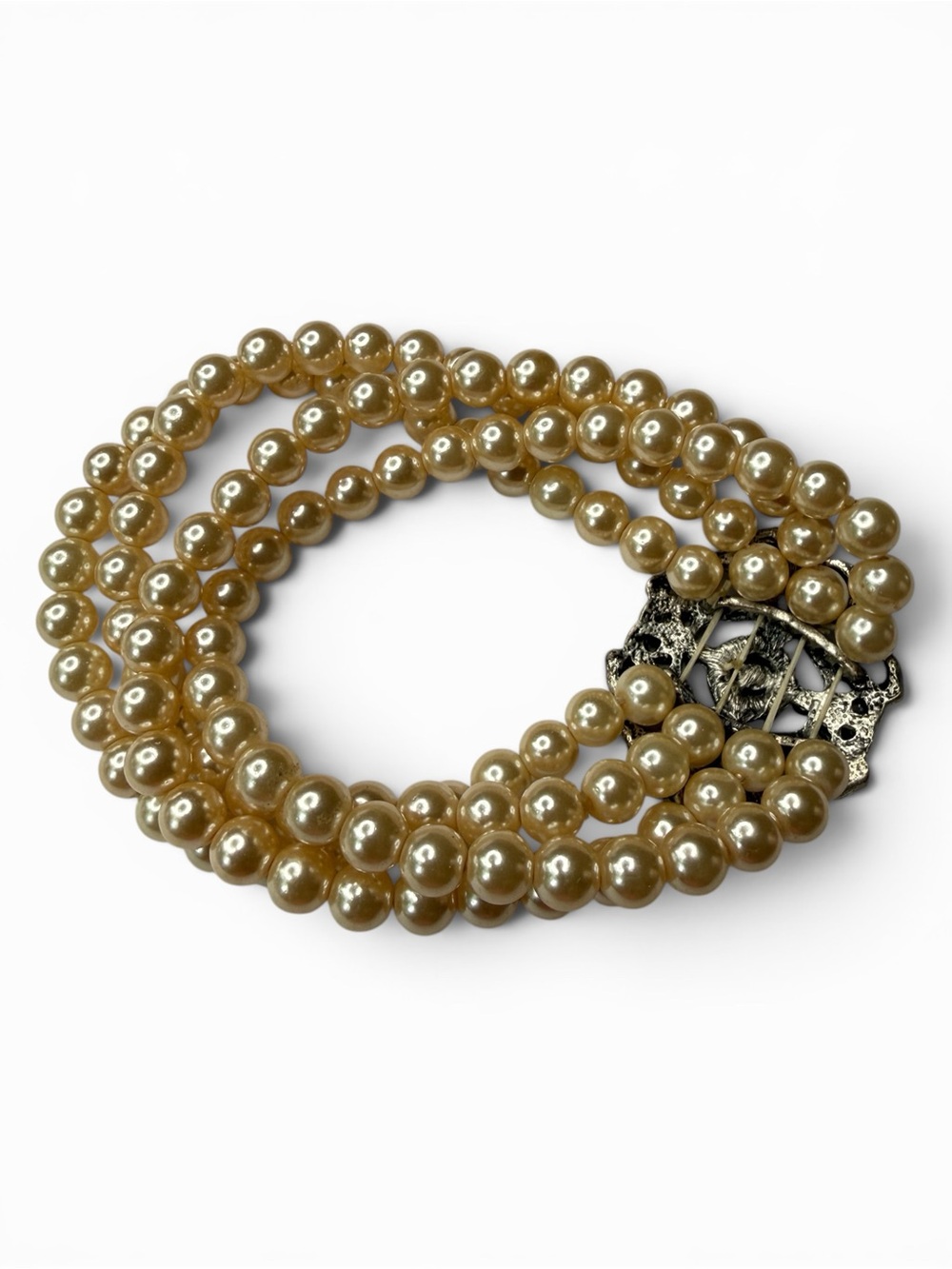 Vintage Faux Pearl Stretch Bracelet w/ Ornate Rhinestone Centerpiece - Picture 9 of 11